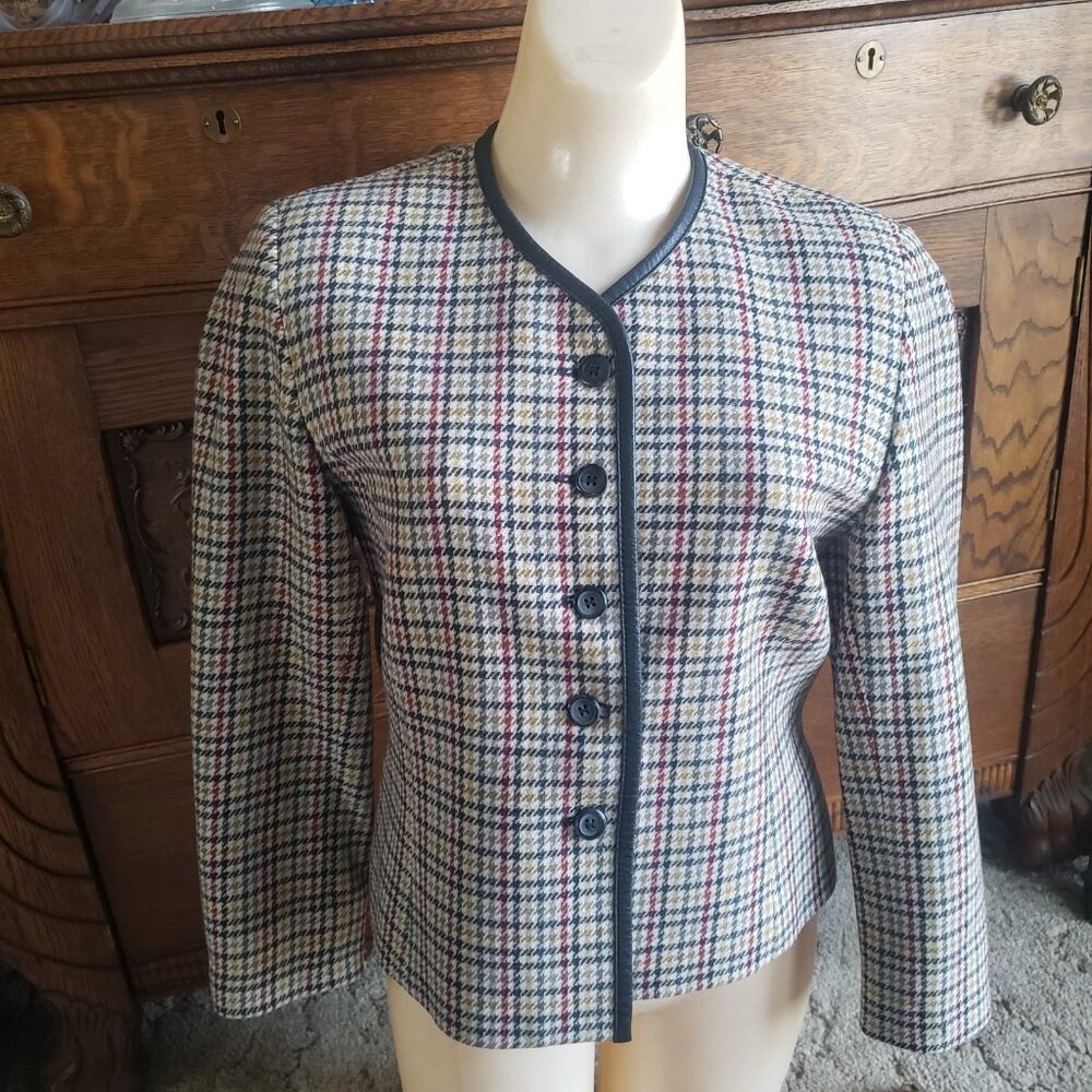 Pendleton Size 6 Petite Virgin Wool Lined Jacket Houndstooth Faux Leather Trim